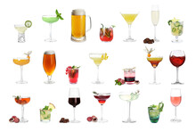 Set With Different Alcoholic Beverages And Cocktails On White Background
