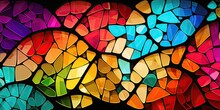Colorful Rainbow Vivid Mosaic Of Paper Art Background. Abstract Glass Glowing Design. Unique Digital Concept Texture Wallpaper. Stained Glass.