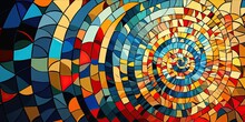 Colorful Rainbow Vivid Mosaic Of Paper Art Background. Abstract Glass Glowing Design. Unique Digital Concept Texture Wallpaper. Spiral Circle.