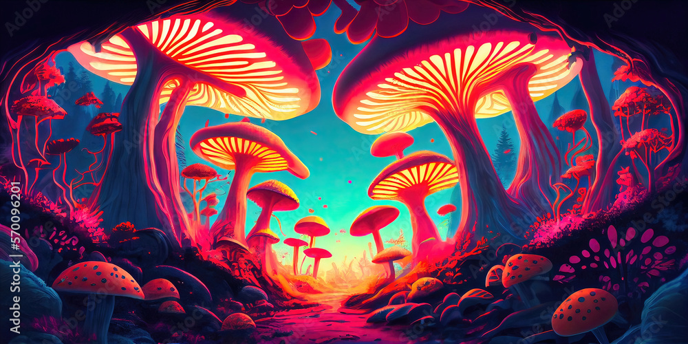 Psychedelic mushroom forest filled with hallucinogenic psilocybin ...