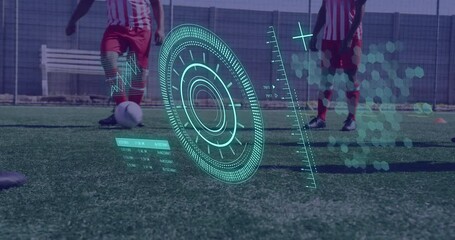 Wall Mural - Animation of scope scanning and data processing over diverse men playing football