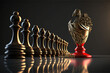 Leadership, chess pieces on a chess board, a lion or leader leads the team, using strategy & influence to win the battle against the competition