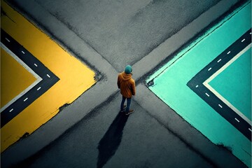 A man stands at the crossroads of two roads, concept of Decision Making and Choice, created with Generative AI technology