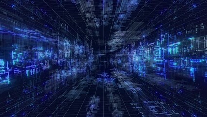 Wall Mural - Flying movement at digital space sci fi tunnel with hi tech information 