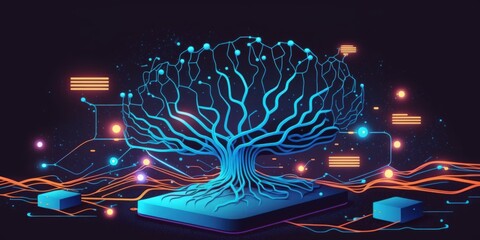 Wall Mural - massive data flow online. Blockchain fields for data. stream of network connection. Illustration of neuronal cells, digital communication, science study, and AI technology. Generative AI