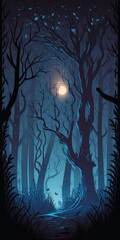 Poster - Nighttime scene of realistically eerie forest. Fantasy woodland for Halloween. Unreal, eerie, and atmospheric design background. illustration. Generative AI