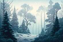 Snow And Fog In The Morning Forest. Beautiful Winter Scenery In A White Fog, Trees Have Frost On Them. Generative AI