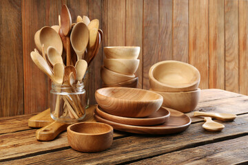 Poster - Many different wooden dishware and utensils on table