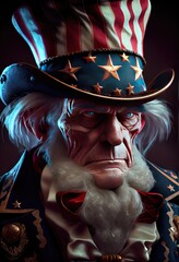 Wall Mural - Evil Uncle Sam - Sinister elderly white political mascot wearing stars and stripes in a dark room. Isolated in studio setting. Illustration made with generative AI