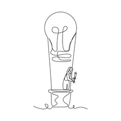 Wall Mural - Continuous single one line drawing art of woman flying with light bulb balloon using monocular telescope searching for future and opportunity. Vector illustration of business vision.