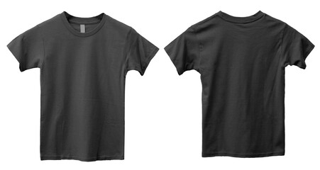 child kids blank black shirt template mock up, front and back t-shirt flat lay design cut out transp