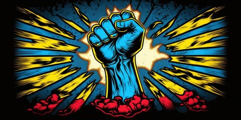 Mans power fist in the blue and yellow fire. Ukrainian power. of the war. Generative AI