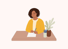 One Smiling Black Woman With Pen Writing On Paper. Half Length. Flat Design Style, Character, Cartoon.