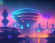 Fluorescent luminescent city located on the edge of the Galaxy. Town lights luminating sky. Generative AI