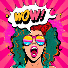 Pop Art Concept - Surprised Woman With Pink Curly Hair And Open Mouth Holding Sunglasses In Her Hand With WOW Inscription In Reflection. Vector Colorful Background In Pop Art Retro Comic Style. 