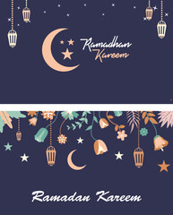 Wall Mural - Modern bohemian style Ramadan Mubarak greeting card, banner with retro boho design, moon, mosque dome and lanterns