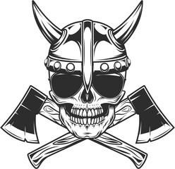 Wall Mural - Viking skull in horned helmet and sunglasses with crossed axes in vintage monochrome style isolated illustration