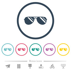 Sticker - Aviator sunglasses with glosses flat color icons in round outlines