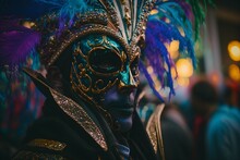 Traditional Face Mask On Face Of Man On Mardi Gras Masquerade Party, Generative Ai, Exciting Celebrations And Festive Traditions