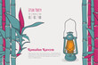 © Labib_Retro - Ramadan kareem template design with lantern and bamboo background in cartoon design