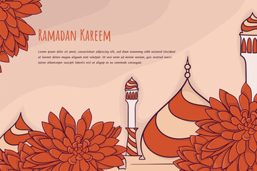 Poster - Islamic orange background design with hand drawn of mosque and floral background design