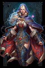 Full body view of a beautiful female sorcerer illustration, Magic sorcerer character for game. female wizard, generative AI