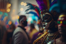 Lady In Traditional Mardi Gras Mask Standing Against A Colorful Blurred Carnival Celebration Background, Generative Ai, Mardi Gras Event Celebration, An Imaginary Person Digital Illustration