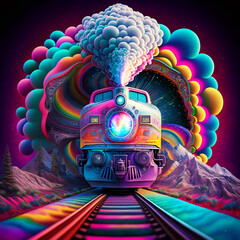 Poster - Cartoon colorful train passes through the cave