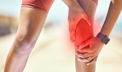 Canvas Print - Knee pain, hands and black woman runner by the sea with fitness, training and running injury. Leg massage, hand zoom and athlete with joint, muscle and inflammation problem with blurred background