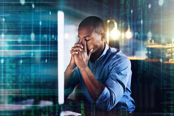 Poster - Stress, headache and code overlay of a black man doing computer work for cybersecurity with stress. Coding designer glitch, it employee in a office with stress and anxiety from 404 problem design