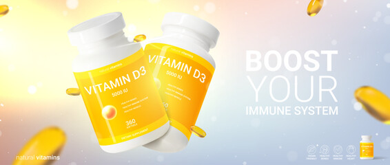 horizontal ad banner of vitamin d3. 3d vector illustration of dietary supplement. ad banner with rea