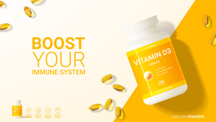 Minimalistic ad banner of vitamin d3. 3d vector illustration of dietary supplement. Top view on realistic bottle and softgels for promotion of vitamin d3. Concept of healthy immune system.