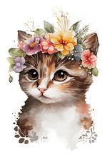 Watercolor Cute Hand Drawn Cat, Kitten In Floral Wreath, Flowers Bouquet, Generative Ai, Png Transparent Background.