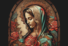 Beautiful Lady Of Guadalupe Mexico Saint Holy Faith, Illustration Vintage Silkscreen Style Poster. Generative AI