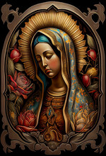 Beautiful Lady Of Guadalupe Mexico Saint Holy Faith, Illustration Vintage Silkscreen Style Poster. Generative AI