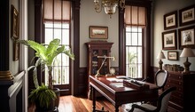 Cozy Beautiful Colonial Plantation-style Home Office Interior Design For Your Home: Bold, Colorful, And Unique Style For Room Renovations, Furniture, And Architecture (generative AI)