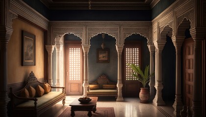 Cozy Beautiful Indian palace-style den Interior Design for Your Home: Bold, Colorful, and Unique Style for Room Renovations, Furniture, and Architecture (generative AI)