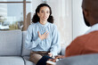 © Rene La/peopleimages.com - Therapy, counselling and mental health conversation with woman patient and psychologist on couch. Person talking about psychology, anxiety and depression or stress with therapist for help or support