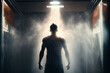 © alexkoral - back of a muscular male athlete washing under the shower after a sports workout. Generative AI