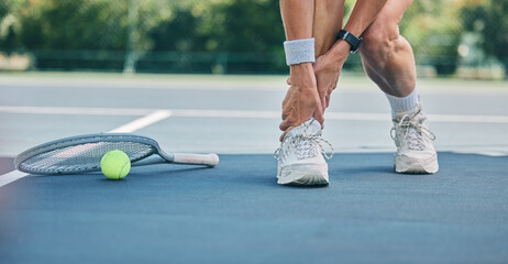 tennis player or woman with ankle pain on sports ground for healthcare risk, muscle accident or trai