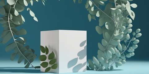 Poster - Abstract eucalyptus leaves, shadows, and white podium cube on a blue background. mock up stand for displaying products. minimal in scope. advertisement model. Generative AI