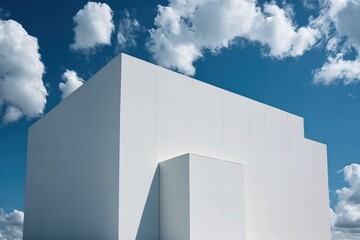 Wall Mural - Large white building walls against a blue sky and white clouds. modern building design. minimalist style. Generative AI
