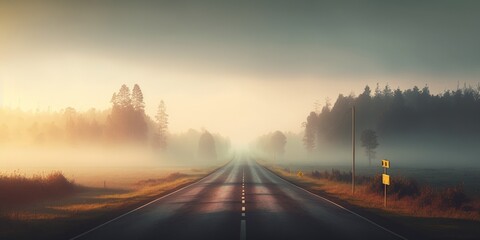 Poster - Panoramic view of the fog shrouded, deserted highway as it winds through fields and forests at sunrise. Europe. Logistics, travel, freedom, and driving are all related to transportation. rural setting