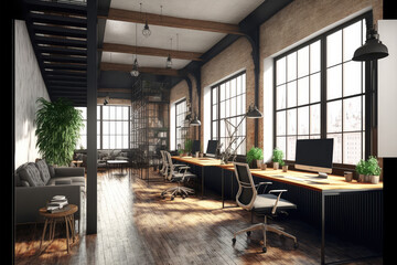 Luxury workspace office decorated with industrial loft modern interior design. Peculiar AI generative image.