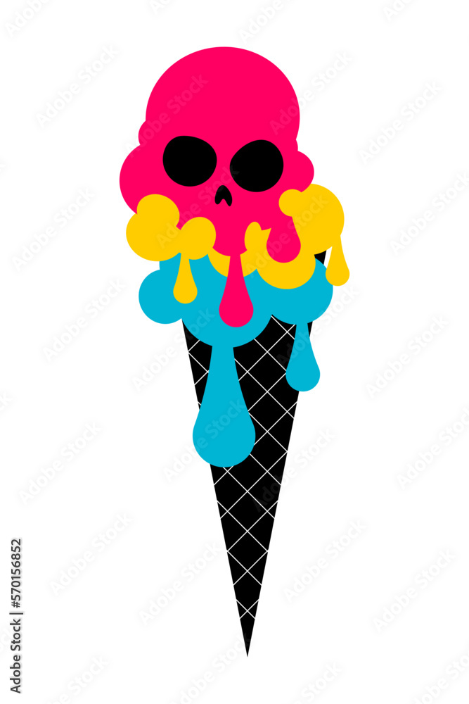 Melting skull ice cream. Gothic ice cream design for Halloween. Hand drawing illustration isolated on white background. Vector EPS 10