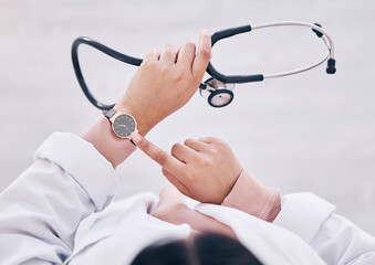 Poster - Top view, hands or doctor checking watch in hospital schedule, late appointment or medical biometrics. Woman, stethoscope or clock time in healthcare wellness visit, annual consulting or clinic visit