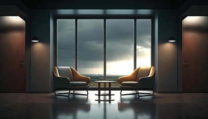 Wall Mural - 4K resolution or higher, Dark waiting room interior with two armchairs and panoramic window. Generative AI Technology