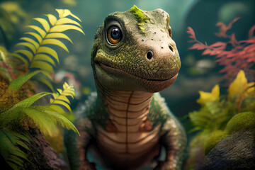 Cute baby dinosaur in forest 3d anime style. Generative ai