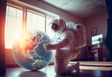 Astronaut In The Spacesuit Looks At Globe In The Room. Generative AI	
