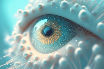 Sticker - macro close up of a closed eye with snow or frost on the eyelashes in the wintertime against a light blue background. A soft, romantic, ethereal, creative image. Generative AI